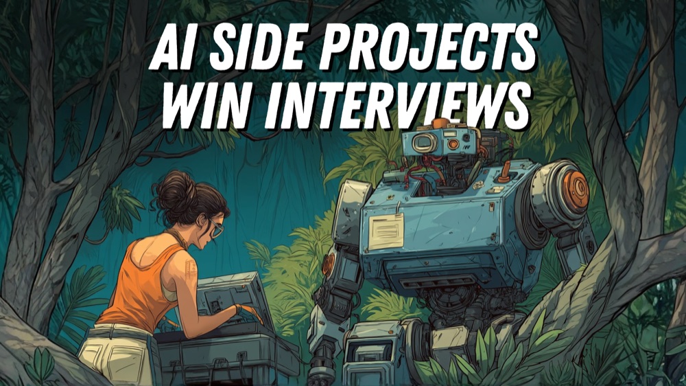 AI side projects win interviews, a woman repairing a giant robot in the jungle